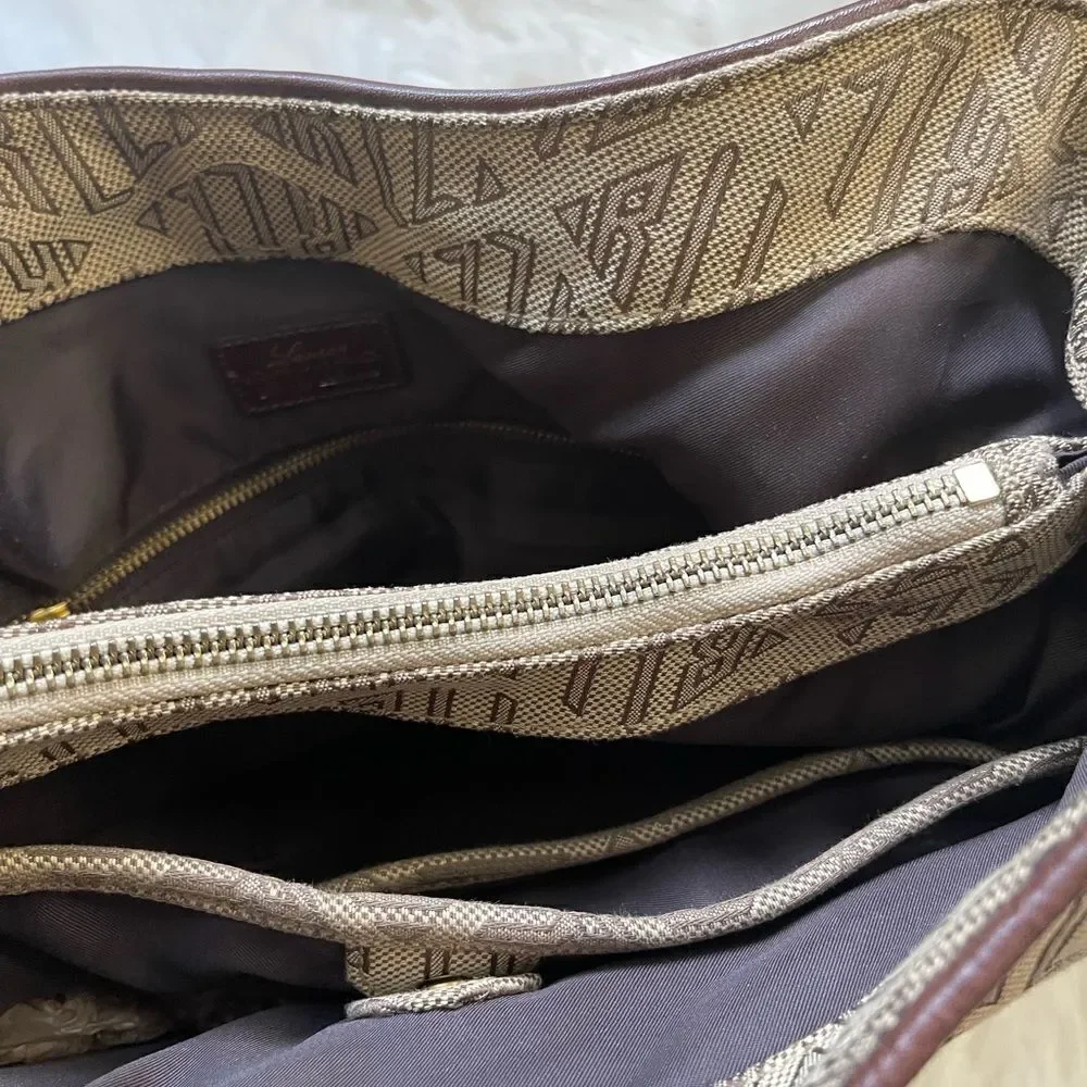 Ralph Lauren Logo Canvas khaki&brown Hobo Bag leather brown straps brass accents